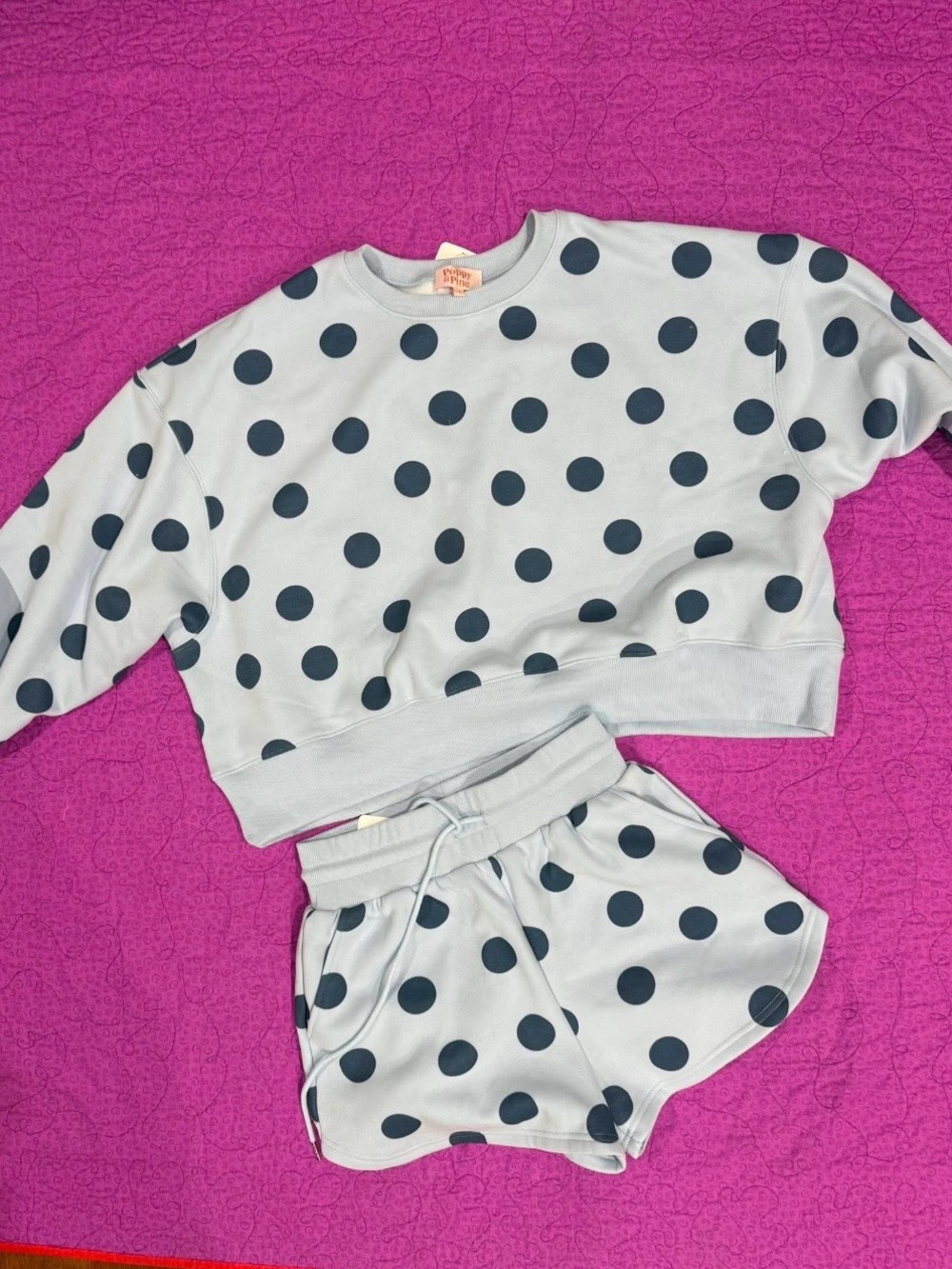 Poppy & Pine Light Blue with Navy Blue Polka Dot Sweatshirt & Shorts Set - Picture 3 of 7